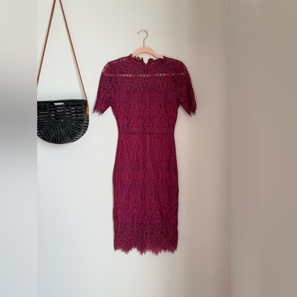 Lulus Remarkable Burgundy Sheer Lace Short Sleeve Dress, Size Small